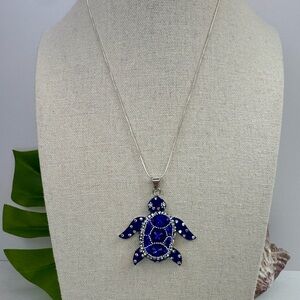 Made in Mexico .925 Sterling Silver Crystal Blue Turtle Pendant Necklace 16-18”